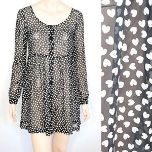Heart Print Dress Sheer Button Up Babydoll Size 6